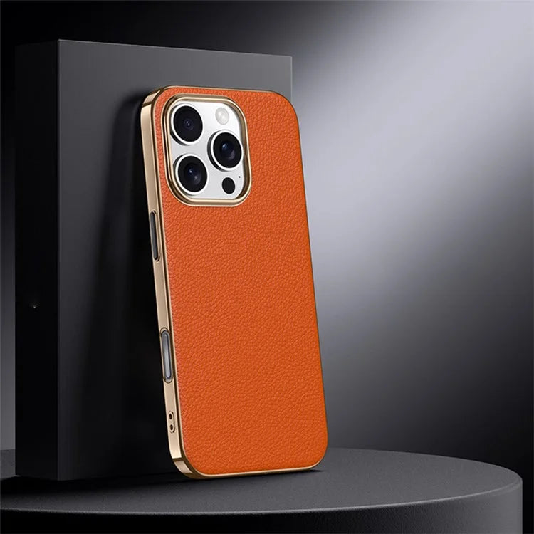 For iPhone 16 Pro Case Electroplating Genuine Cow Leather+PC Drop Resistance Phone Cover