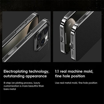 For iPhone 16 Pro Case Electroplating Genuine Cow Leather+PC Drop Resistance Phone Cover
