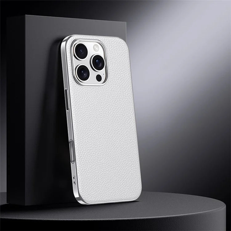 For iPhone 16 Pro Case Electroplating Genuine Cow Leather+PC Drop Resistance Phone Cover