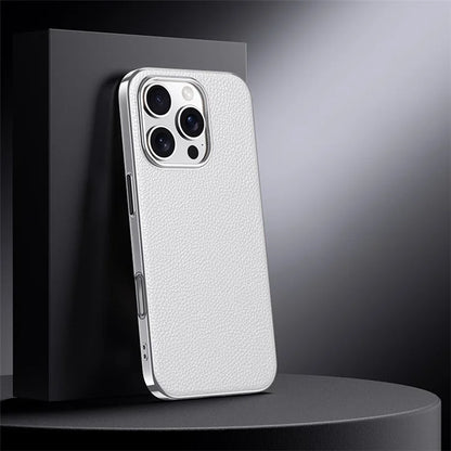 For iPhone 16 Pro Case Electroplating Genuine Cow Leather+PC Drop Resistance Phone Cover