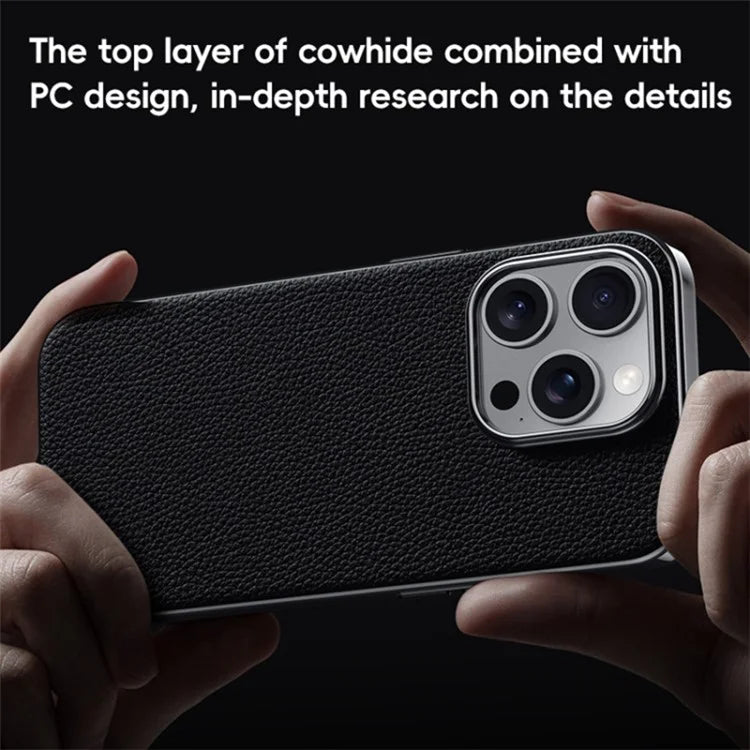 For iPhone 16 Pro Case Electroplating Genuine Cow Leather+PC Drop Resistance Phone Cover