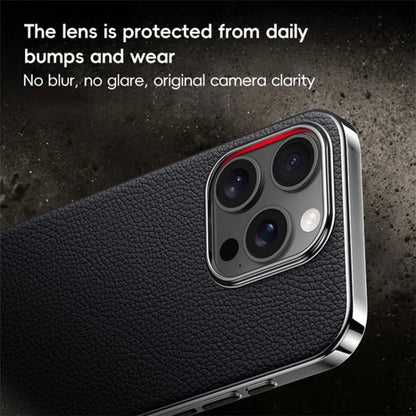 For iPhone 16 Pro Case Electroplating Genuine Cow Leather+PC Drop Resistance Phone Cover
