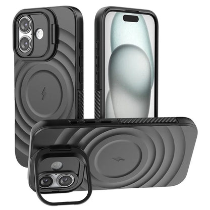For iPhone 16 Magnetic Case PC Kickstand Ripple Texture TPU Phone Cover