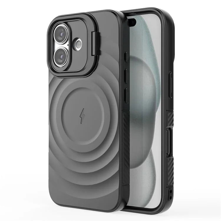 For iPhone 16 Magnetic Case PC Kickstand Ripple Texture TPU Phone Cover