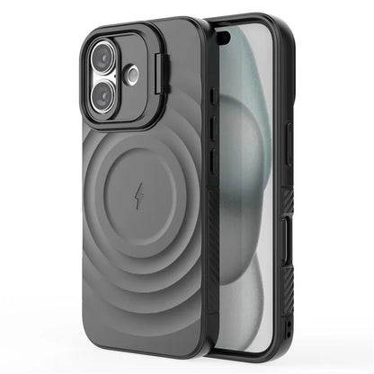 For iPhone 16 Magnetic Case PC Kickstand Ripple Texture TPU Phone Cover