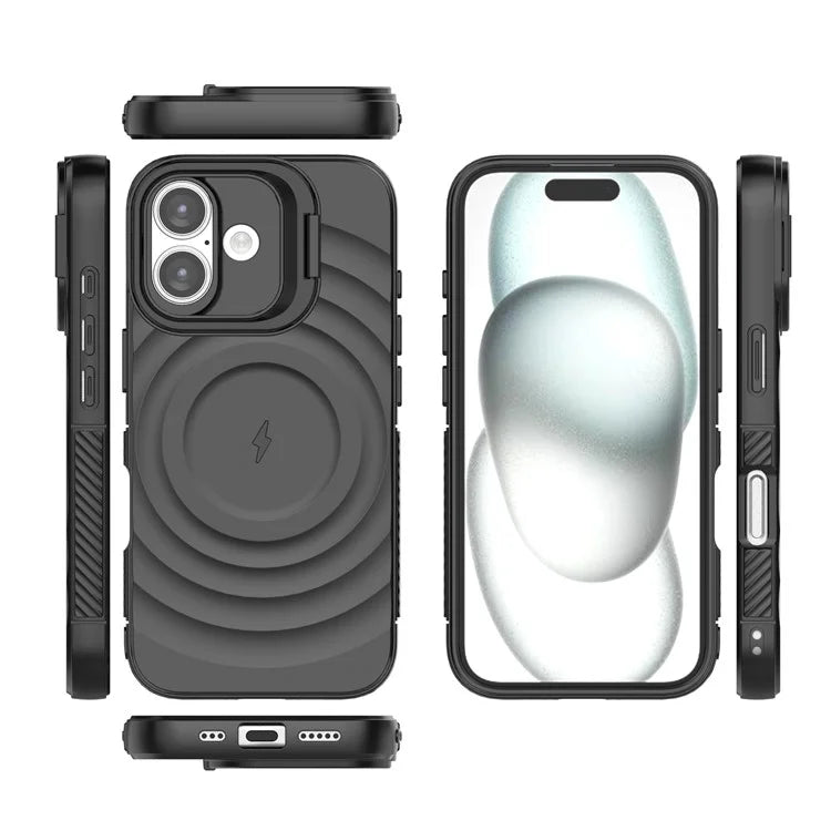 For iPhone 16 Magnetic Case PC Kickstand Ripple Texture TPU Phone Cover