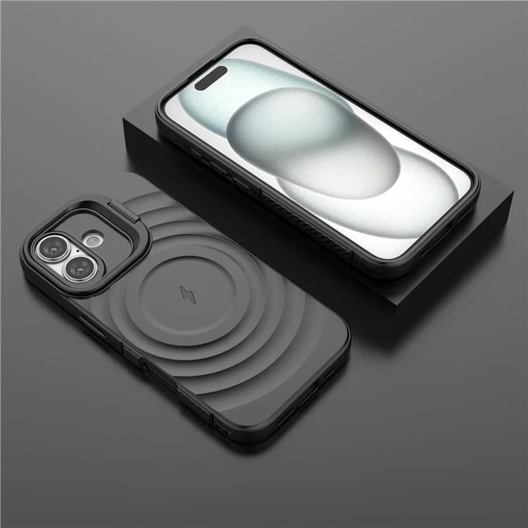 For iPhone 16 Magnetic Case PC Kickstand Ripple Texture TPU Phone Cover