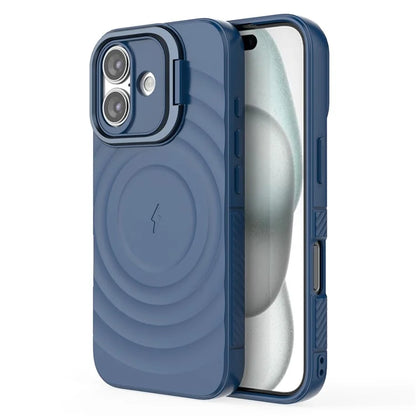 For iPhone 16 Magnetic Case PC Kickstand Ripple Texture TPU Phone Cover