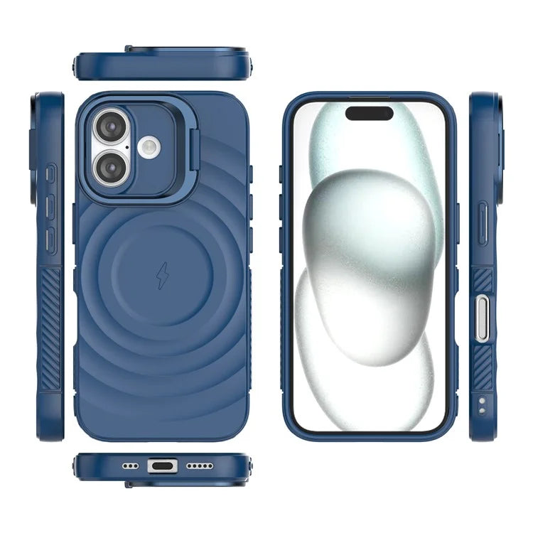 For iPhone 16 Magnetic Case PC Kickstand Ripple Texture TPU Phone Cover