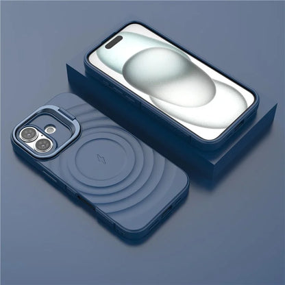 For iPhone 16 Magnetic Case PC Kickstand Ripple Texture TPU Phone Cover