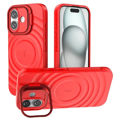 For iPhone 16 Magnetic Case PC Kickstand Ripple Texture TPU Phone Cover