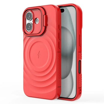 For iPhone 16 Magnetic Case PC Kickstand Ripple Texture TPU Phone Cover