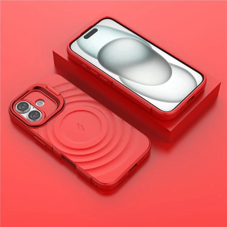 For iPhone 16 Magnetic Case PC Kickstand Ripple Texture TPU Phone Cover