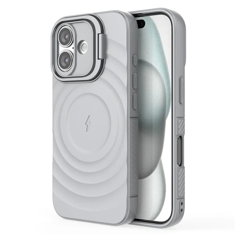 For iPhone 16 Magnetic Case PC Kickstand Ripple Texture TPU Phone Cover