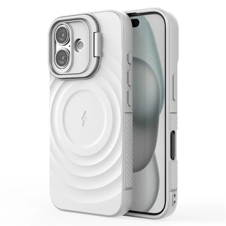 For iPhone 16 Magnetic Case PC Kickstand Ripple Texture TPU Phone Cover