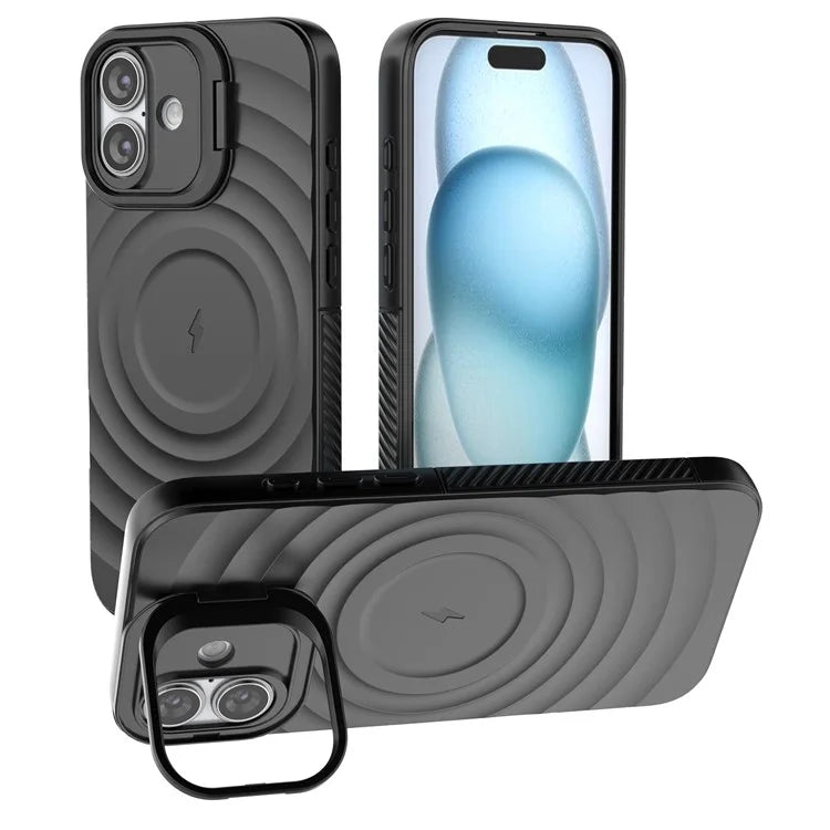 For iPhone 16 Plus Magnetic Case PC Kickstand Ripple Texture TPU Phone Cover