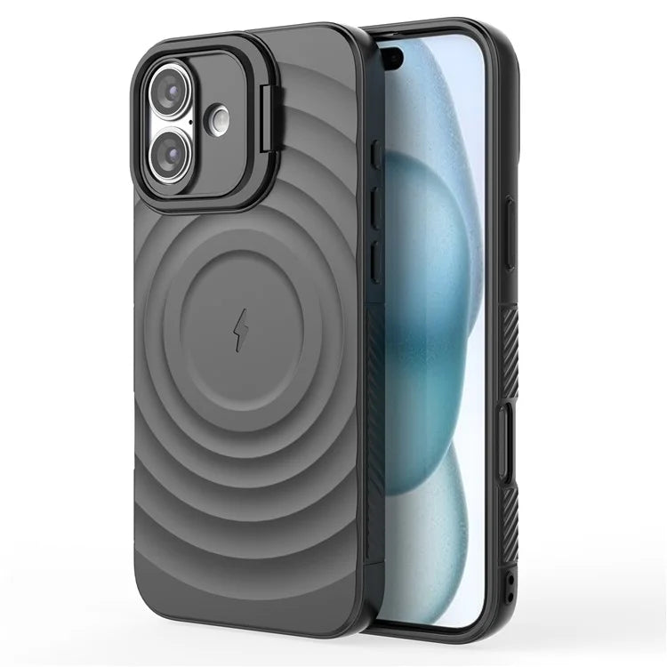 For iPhone 16 Plus Magnetic Case PC Kickstand Ripple Texture TPU Phone Cover