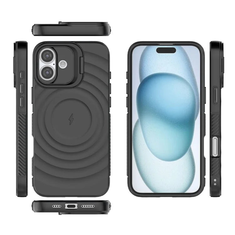 For iPhone 16 Plus Magnetic Case PC Kickstand Ripple Texture TPU Phone Cover