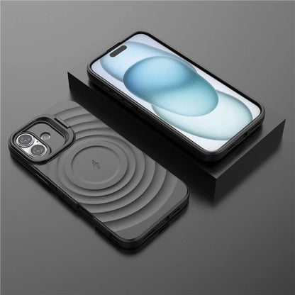 For iPhone 16 Plus Magnetic Case PC Kickstand Ripple Texture TPU Phone Cover
