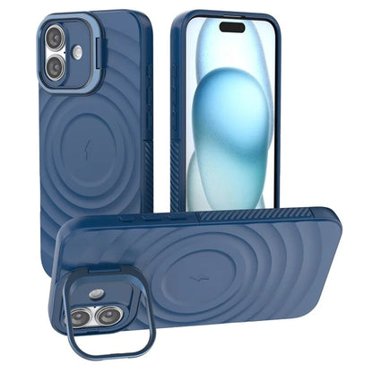 For iPhone 16 Plus Magnetic Case PC Kickstand Ripple Texture TPU Phone Cover