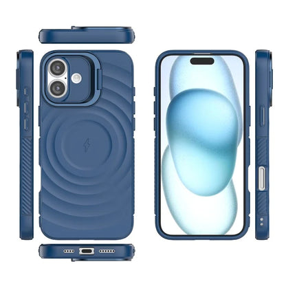 For iPhone 16 Plus Magnetic Case PC Kickstand Ripple Texture TPU Phone Cover
