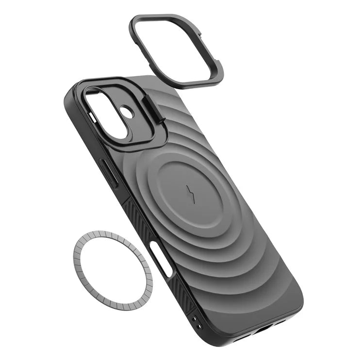 For iPhone 16 Plus Magnetic Case PC Kickstand Ripple Texture TPU Phone Cover