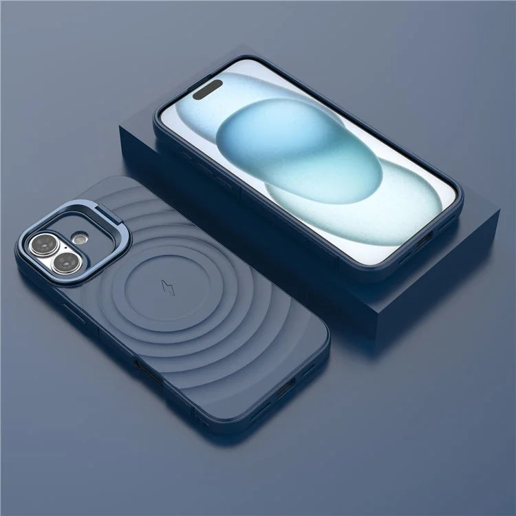 For iPhone 16 Plus Magnetic Case PC Kickstand Ripple Texture TPU Phone Cover