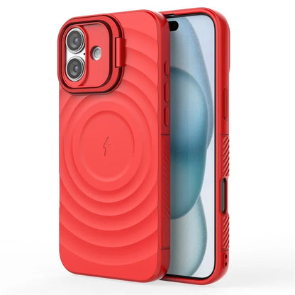 For iPhone 16 Plus Magnetic Case PC Kickstand Ripple Texture TPU Phone Cover