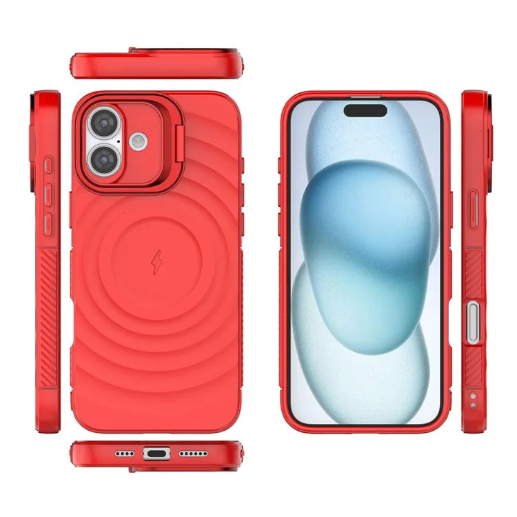 For iPhone 16 Plus Magnetic Case PC Kickstand Ripple Texture TPU Phone Cover