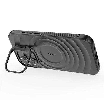 For iPhone 16 Plus Magnetic Case PC Kickstand Ripple Texture TPU Phone Cover