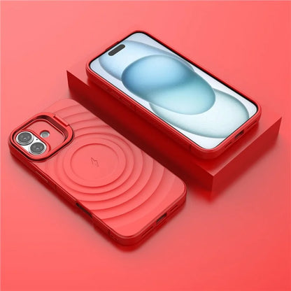 For iPhone 16 Plus Magnetic Case PC Kickstand Ripple Texture TPU Phone Cover