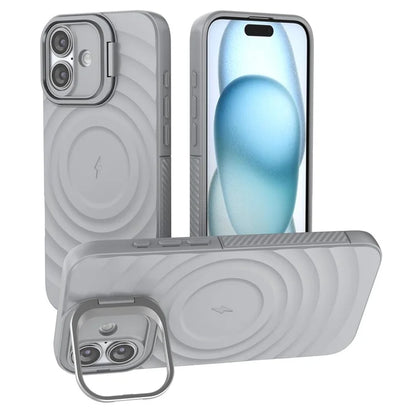 For iPhone 16 Plus Magnetic Case PC Kickstand Ripple Texture TPU Phone Cover