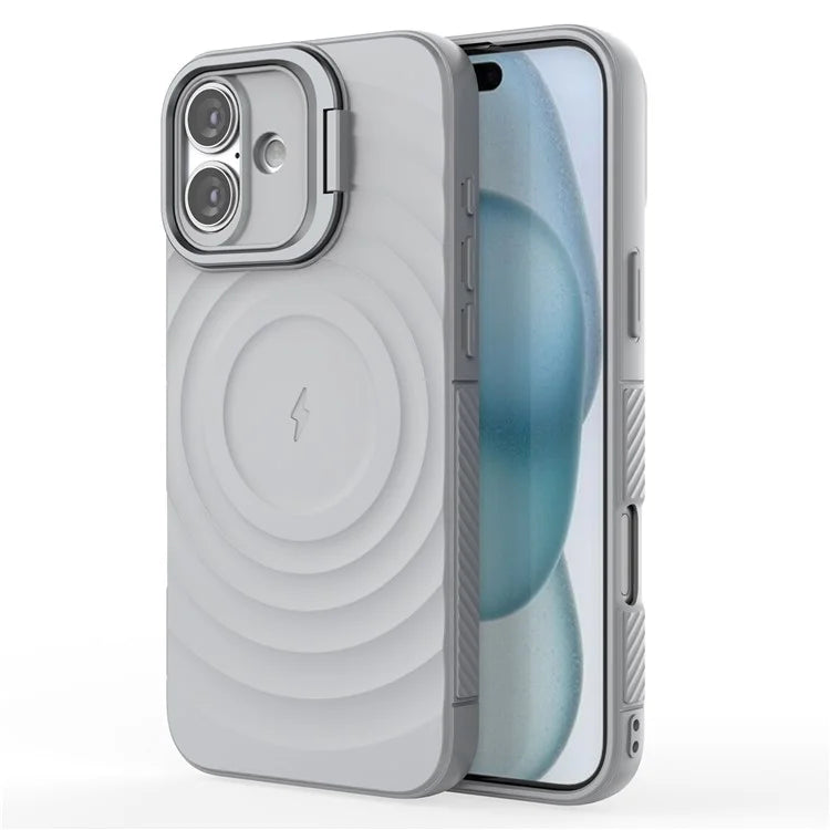 For iPhone 16 Plus Magnetic Case PC Kickstand Ripple Texture TPU Phone Cover
