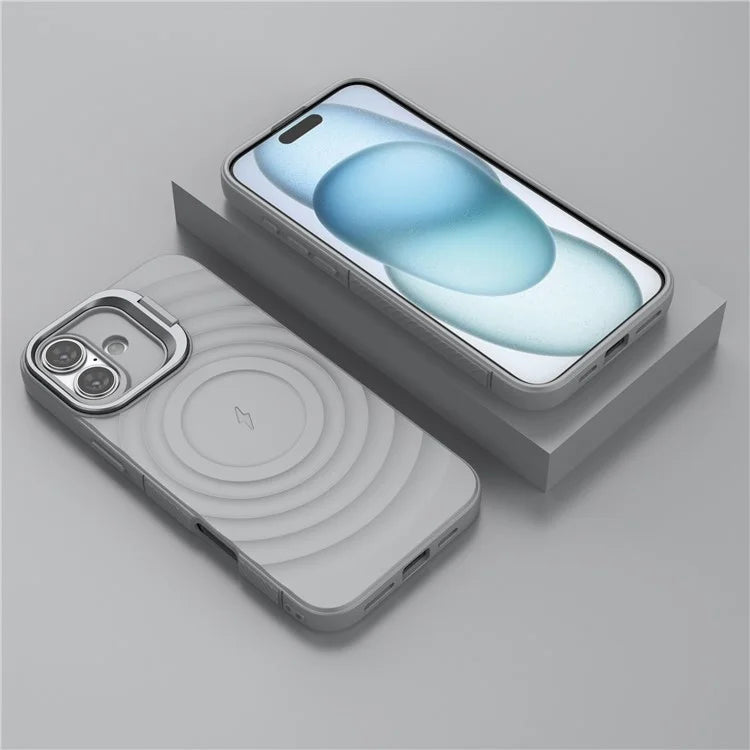 For iPhone 16 Plus Magnetic Case PC Kickstand Ripple Texture TPU Phone Cover