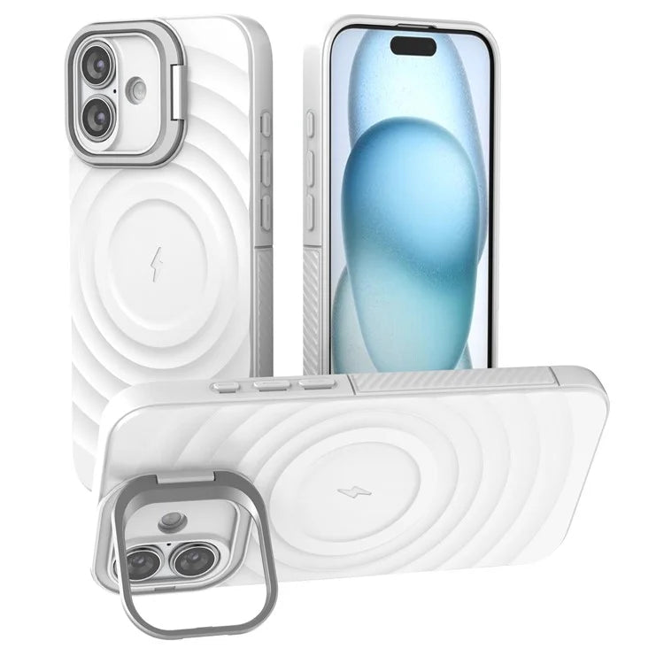 For iPhone 16 Plus Magnetic Case PC Kickstand Ripple Texture TPU Phone Cover