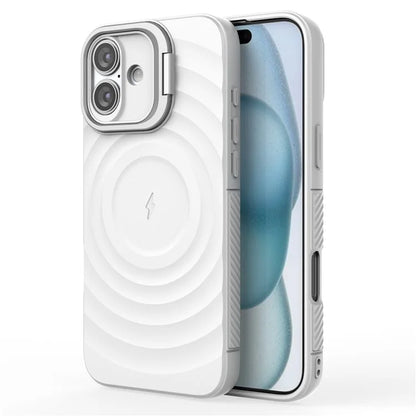 For iPhone 16 Plus Magnetic Case PC Kickstand Ripple Texture TPU Phone Cover