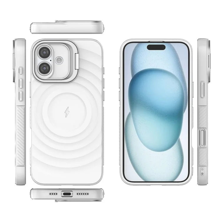 For iPhone 16 Plus Magnetic Case PC Kickstand Ripple Texture TPU Phone Cover
