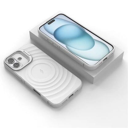 For iPhone 16 Plus Magnetic Case PC Kickstand Ripple Texture TPU Phone Cover