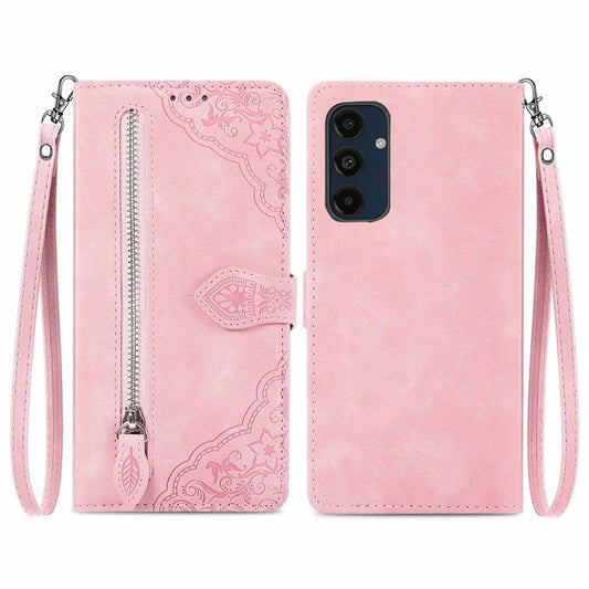 For Samsung Galaxy S24 FE Case Zipper Wallet PU Leather Flower Imprint Phone Cover