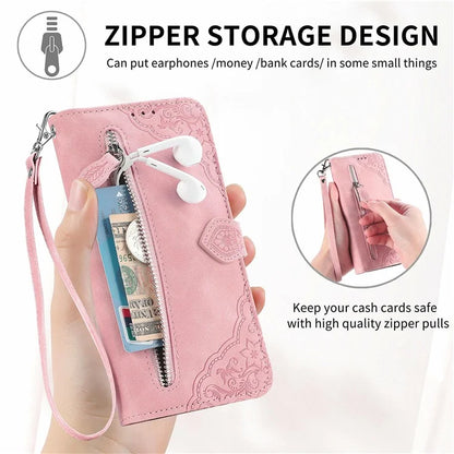For Samsung Galaxy S24 FE Case Zipper Wallet PU Leather Flower Imprint Phone Cover