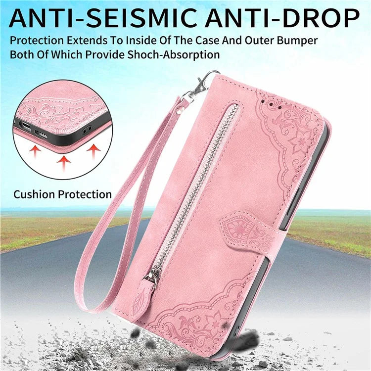 For Samsung Galaxy S24 FE Case Zipper Wallet PU Leather Flower Imprint Phone Cover