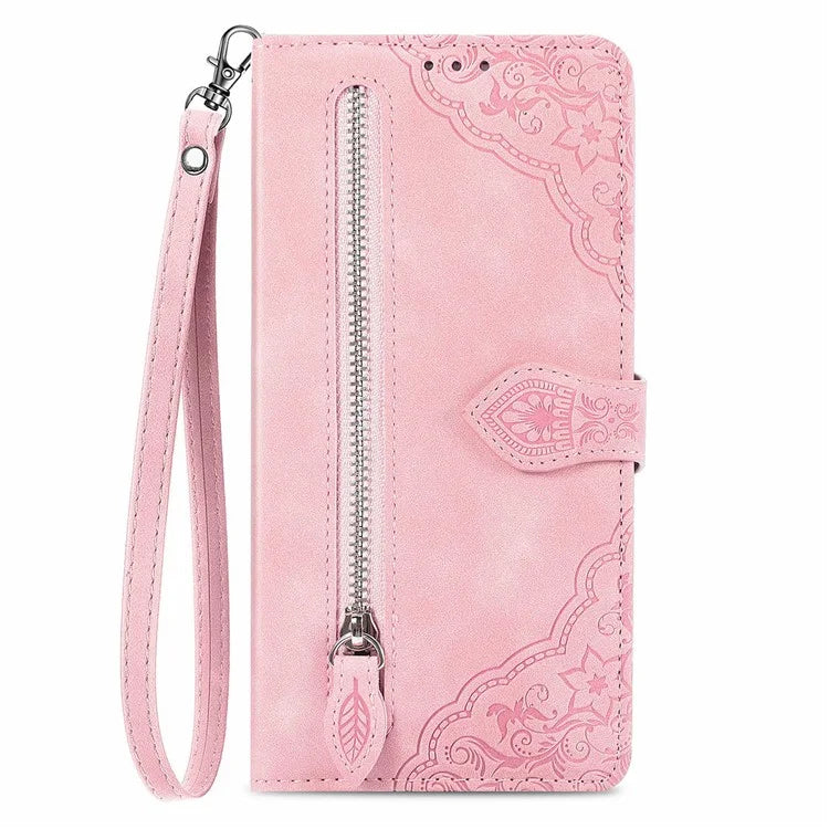 For Samsung Galaxy S24 FE Case Zipper Wallet PU Leather Flower Imprint Phone Cover