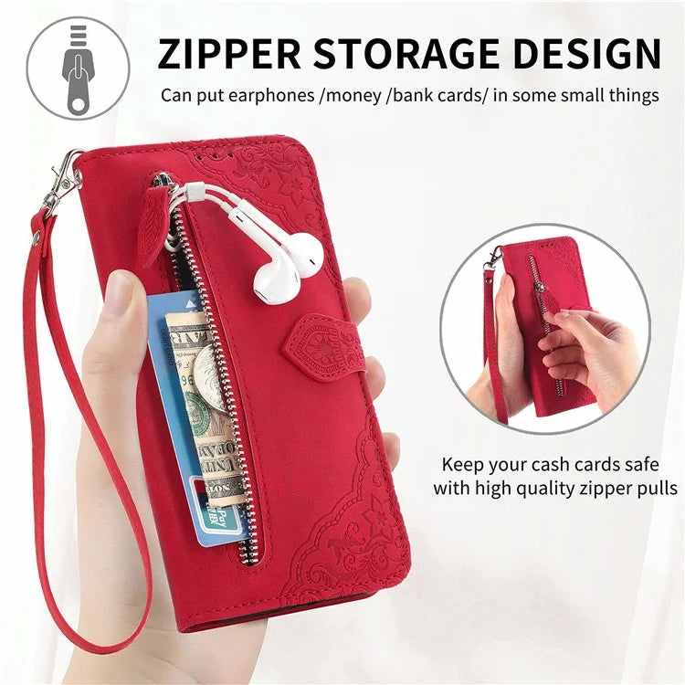 For Samsung Galaxy S24 FE Case Zipper Wallet PU Leather Flower Imprint Phone Cover