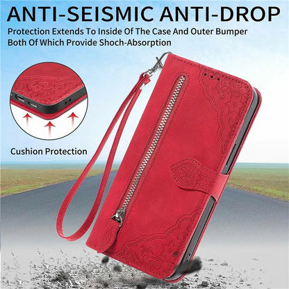 For Samsung Galaxy S24 FE Case Zipper Wallet PU Leather Flower Imprint Phone Cover