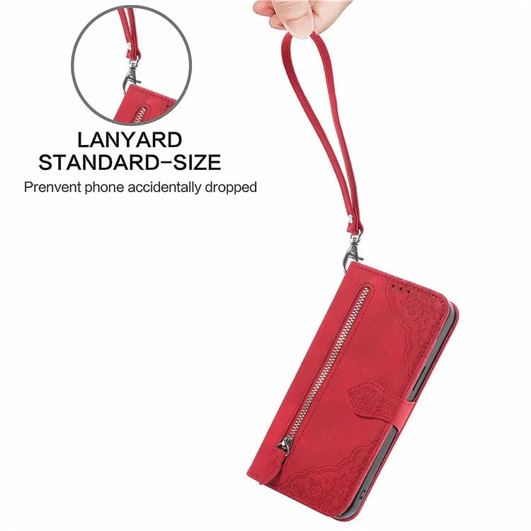 For Samsung Galaxy S24 FE Case Zipper Wallet PU Leather Flower Imprint Phone Cover