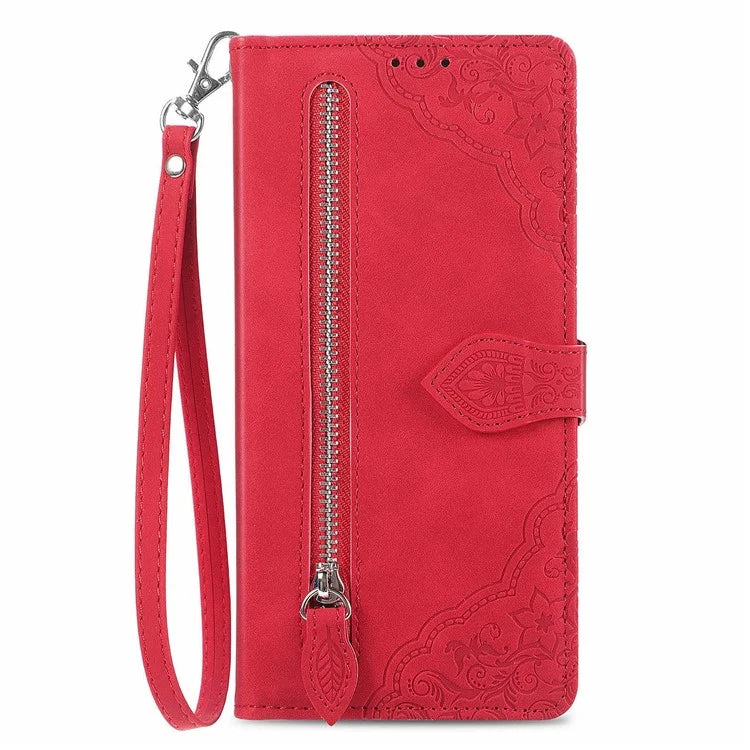 For Samsung Galaxy S24 FE Case Zipper Wallet PU Leather Flower Imprint Phone Cover