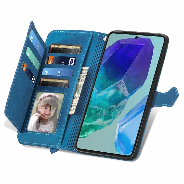 For Samsung Galaxy S24 FE Case Zipper Wallet PU Leather Flower Imprint Phone Cover