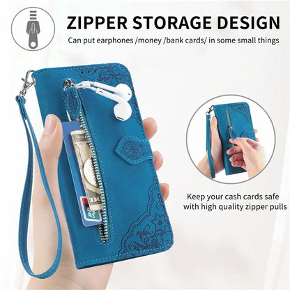 For Samsung Galaxy S24 FE Case Zipper Wallet PU Leather Flower Imprint Phone Cover