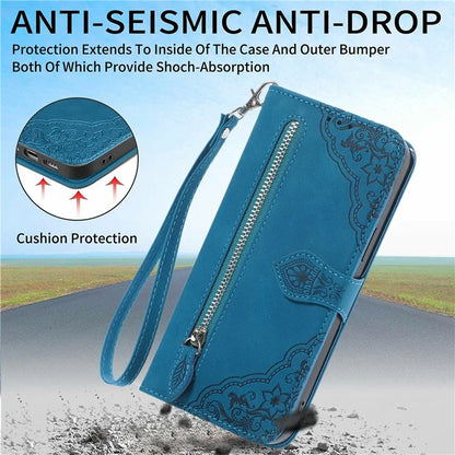 For Samsung Galaxy S24 FE Case Zipper Wallet PU Leather Flower Imprint Phone Cover
