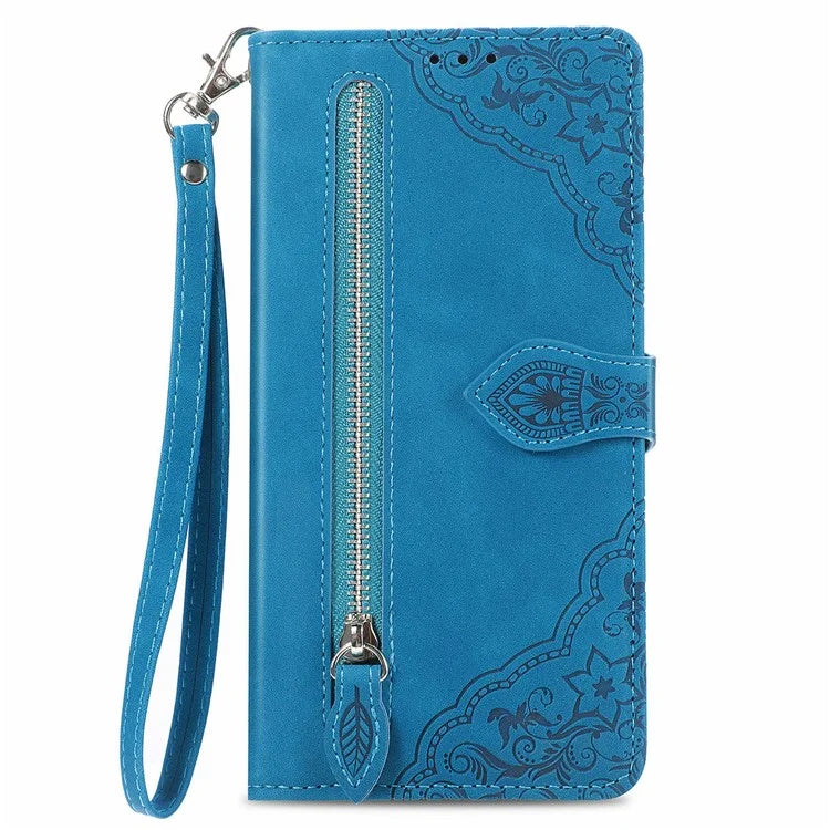 For Samsung Galaxy S24 FE Case Zipper Wallet PU Leather Flower Imprint Phone Cover